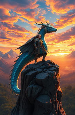 A stunning fantasy landscape depicting the Last Dragon Rider, a majestic figure clad in ornate armor, standing proudly atop a rocky cliff
