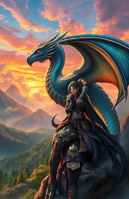 A stunning fantasy landscape depicting the Last Dragon Rider, a majestic figure clad in ornate armor, standing proudly atop a rocky cliff