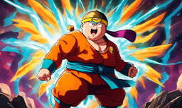 Anime-style portrait of Eric Cartman in Dragonball Z attire with enhanced muscular structure and energy waves radiating from him against a vibrant battle scene