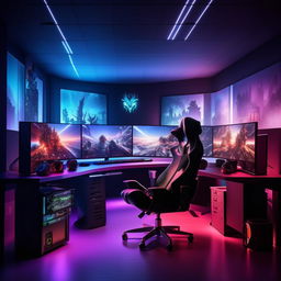 A modern office space transformed into a dynamic gaming room, complete with a large desk, ergonomic chair, high-end gaming PC with multiple monitors, ambient lighting, gaming posters on the walls, and organized cable management