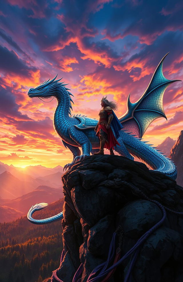 A stunning fantasy landscape depicting the Last Dragon Rider, a majestic figure clad in ornate armor, standing proudly atop a rocky cliff