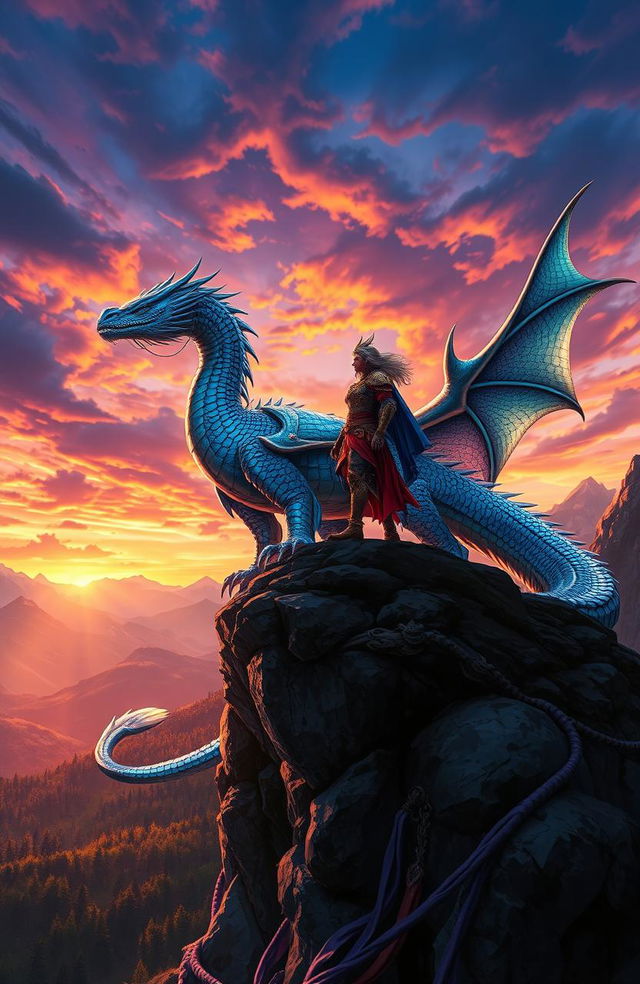 A stunning fantasy landscape depicting the Last Dragon Rider, a majestic figure clad in ornate armor, standing proudly atop a rocky cliff