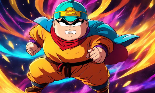 Anime-style portrait of Eric Cartman in Dragonball Z attire with enhanced muscular structure and energy waves radiating from him against a vibrant battle scene