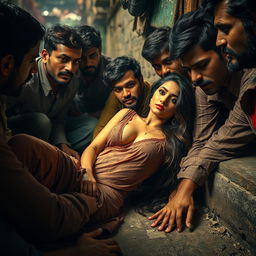 A sultry Pakistani woman, exhibiting an air of allure, is depicted in a scene set in a vibrant slum environment