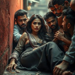 A sultry Pakistani woman, exhibiting an air of allure, is depicted in a scene set in a vibrant slum environment