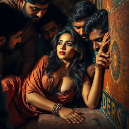 A sultry Pakistani woman, exhibiting an air of allure, is depicted in a scene set in a vibrant slum environment