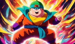 Anime-style portrait of Eric Cartman in Dragonball Z attire with enhanced muscular structure and energy waves radiating from him against a vibrant battle scene