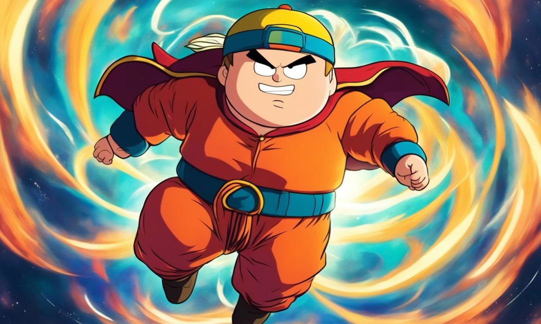 Anime-style portrait of Eric Cartman in Dragonball Z attire, flying through the sky of Namek with enhanced muscular structure and energy waves radiating from him