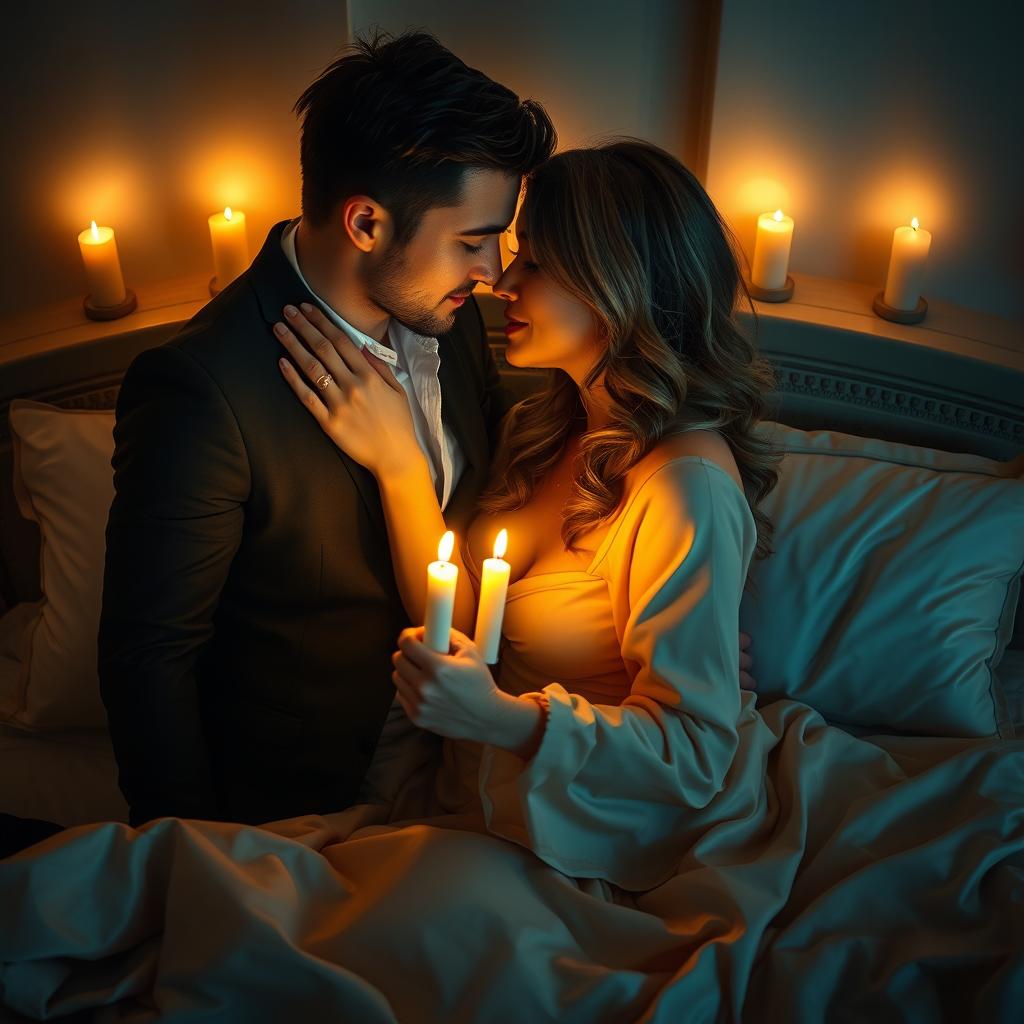 An intimate scene featuring a couple in a romantic embrace, surrounded by soft candlelight that casts a warm glow