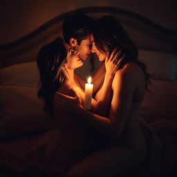 An intimate scene featuring a couple in a romantic embrace, surrounded by soft candlelight that casts a warm glow