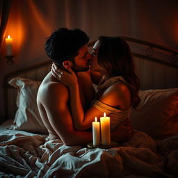 An intimate scene featuring a couple in a romantic embrace, surrounded by soft candlelight that casts a warm glow