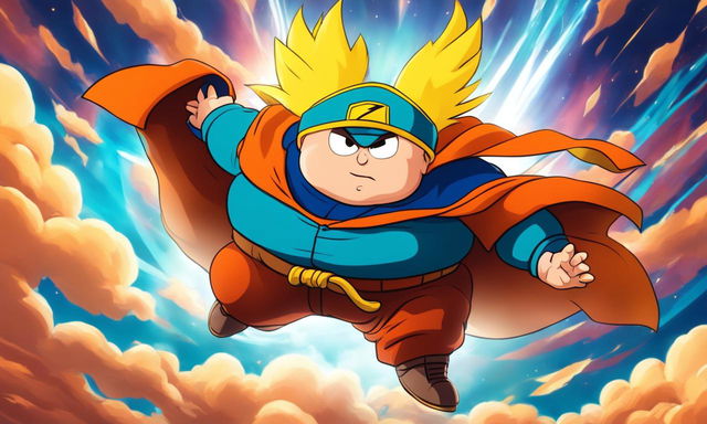 Anime-style portrait of Eric Cartman in Dragonball Z attire, flying through the sky of Namek with enhanced muscular structure and energy waves radiating from him