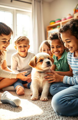 A heartwarming scene of a group of children joyfully welcoming their new puppy at home