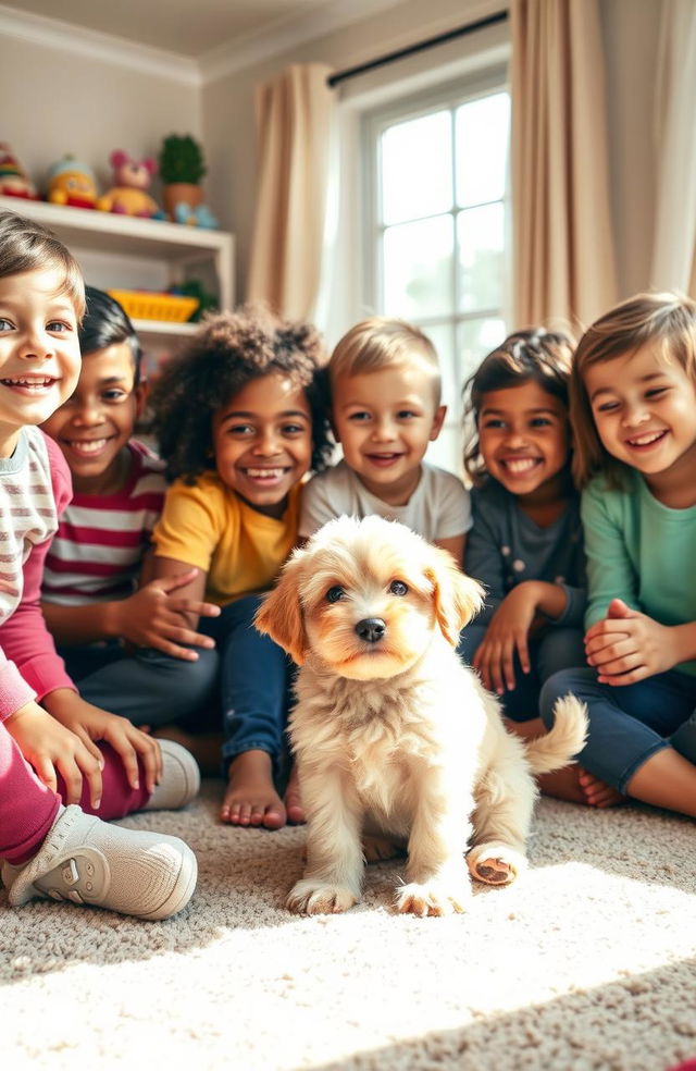 A heartwarming scene of a group of children joyfully welcoming their new puppy at home