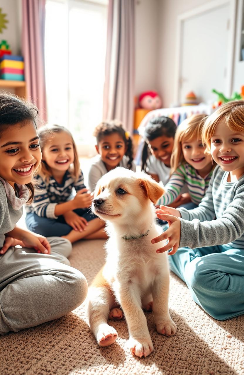 A heartwarming scene of a group of children joyfully welcoming their new puppy at home