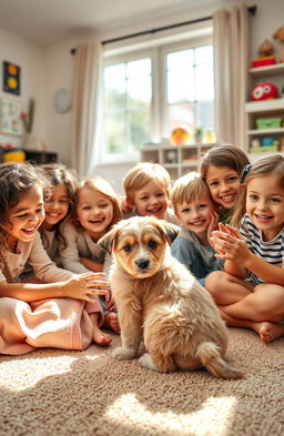 A heartwarming scene of a group of children joyfully welcoming their new puppy at home