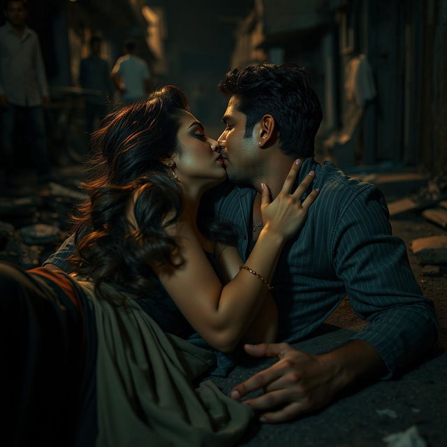 A sultry Pakistani woman, with an alluring presence, making out passionately with a man in a gritty urban setting at night