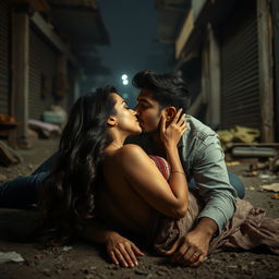 A sultry Pakistani woman, with an alluring presence, making out passionately with a man in a gritty urban setting at night