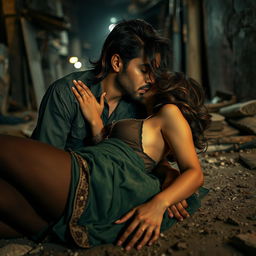 A sultry Pakistani woman, with an alluring presence, making out passionately with a man in a gritty urban setting at night