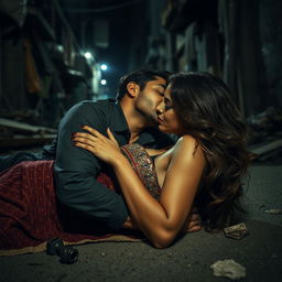 A sultry Pakistani woman, with an alluring presence, making out passionately with a man in a gritty urban setting at night