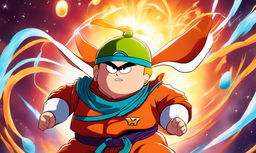 Anime-style portrait of Eric Cartman in Dragonball Z attire, flying through the sky of Namek with enhanced muscular structure and energy waves radiating from him