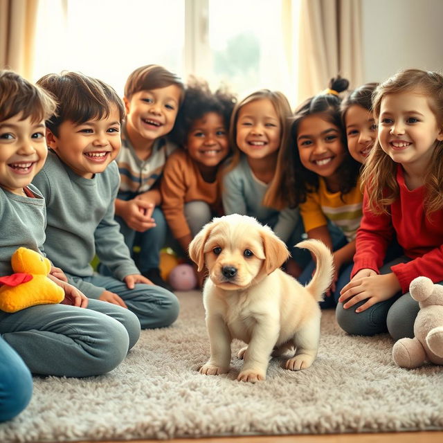 A joyful scene depicting a group of children enthusiastically welcoming their new puppy at home