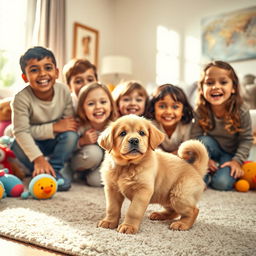 A joyful scene depicting a group of children enthusiastically welcoming their new puppy at home