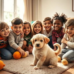 A joyful scene depicting a group of children enthusiastically welcoming their new puppy at home