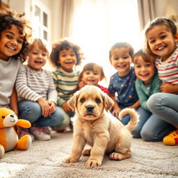 A joyful scene depicting a group of children enthusiastically welcoming their new puppy at home