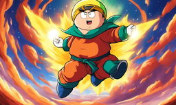 Anime-style portrait of Eric Cartman in Dragonball Z attire, flying through the sky of Namek with enhanced muscular structure and energy waves radiating from him