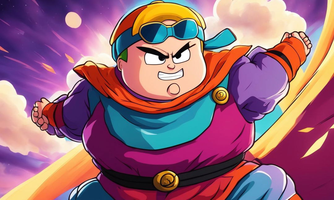 Anime-style portrait of Eric Cartman in Dragonball Z attire, striking a Ginyu Force pose while flying through the sky of Namek with enhanced muscular structure and energy waves radiating from him