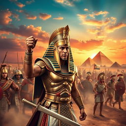 Ramses II in battle, showcasing the ancient Egyptian king in full battle armor, valiantly leading his troops into combat