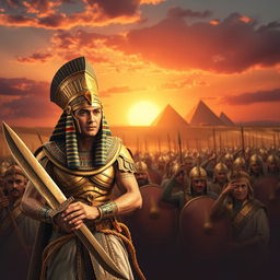 Ramses II in battle, showcasing the ancient Egyptian king in full battle armor, valiantly leading his troops into combat