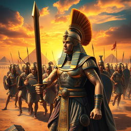 Ramses II in battle, showcasing the ancient Egyptian king in full battle armor, valiantly leading his troops into combat