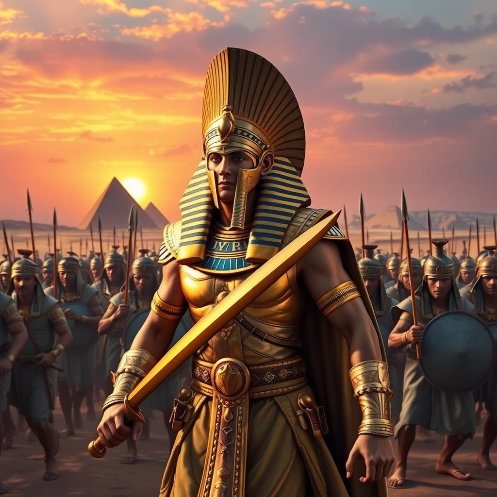 Ramses II in battle, showcasing the ancient Egyptian king in full battle armor, valiantly leading his troops into combat