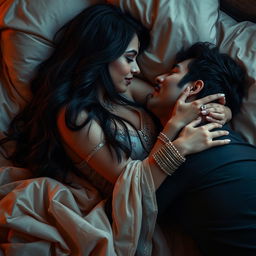 A sensual scene of a rich Indian girl, featuring Nusrat Bharucha, in an intimate setting on her first night with a poorer Indian man