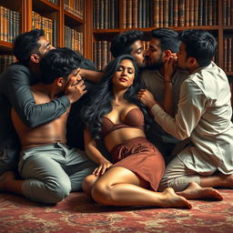 Sensual portrayal of an elegant Indian college girl, inspired by a rich aesthetic, lounging on the floor of a luxurious library against a bookshelf