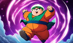 Anime-style portrait of Eric Cartman in Dragonball Z attire, striking a Ginyu Force pose while flying through the sky of Namek with enhanced muscular structure and energy waves radiating from him