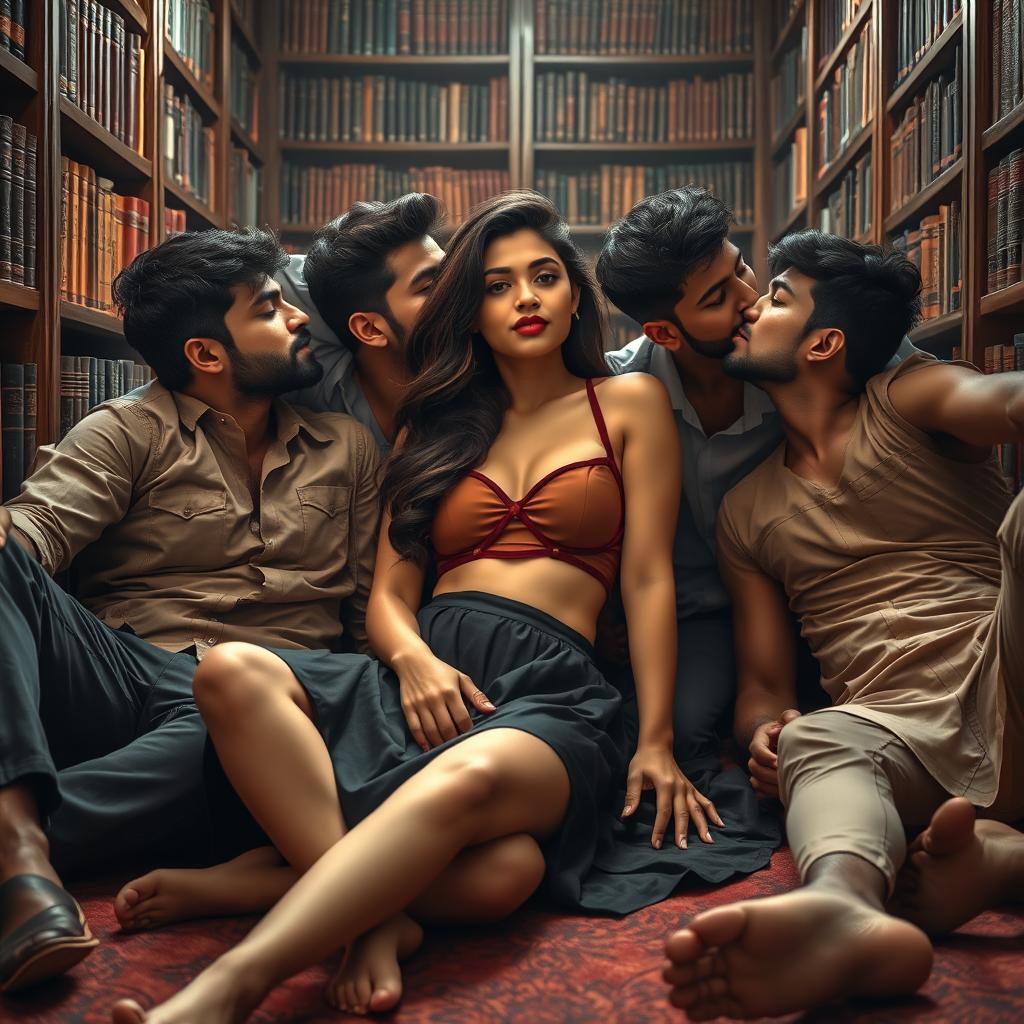 Sensual portrayal of an elegant Indian college girl, inspired by a rich aesthetic, lounging on the floor of a luxurious library against a bookshelf