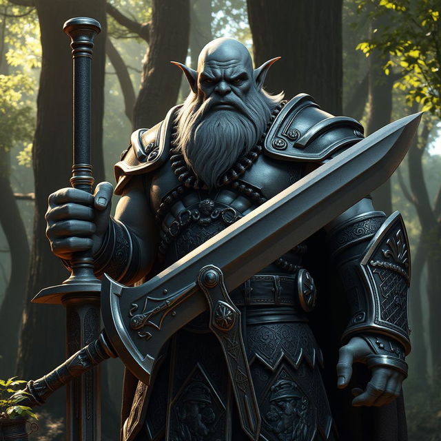 A tall gray orc paladin stands proudly, gripping a massive greatsword with both hands