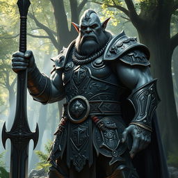A tall gray orc paladin stands proudly, gripping a massive greatsword with both hands