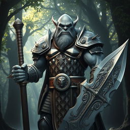 A tall gray orc paladin stands proudly, gripping a massive greatsword with both hands