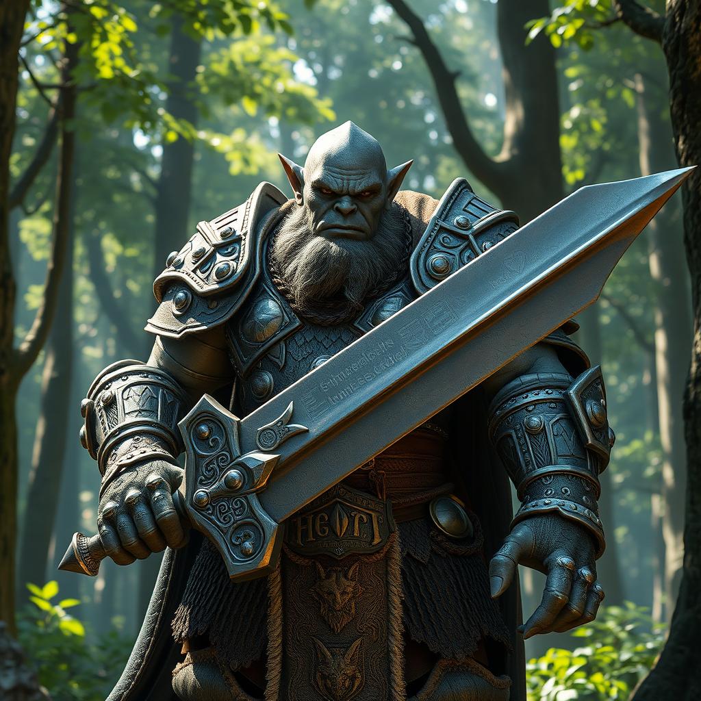 A tall gray orc paladin stands proudly, gripping a massive greatsword with both hands