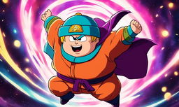 Anime-style portrait of Eric Cartman in Dragonball Z attire, striking a Ginyu Force pose while flying through the sky of Namek with enhanced muscular structure and energy waves radiating from him