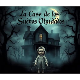 A spooky poster featuring an eerie haunted house surrounded by a foggy atmosphere, with dark twisted trees and a crescent moon illuminating the scene