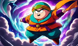 Anime-style portrait of Eric Cartman in Dragonball Z attire, striking a Ginyu Force pose while flying through the sky of Namek with enhanced muscular structure and energy waves radiating from him