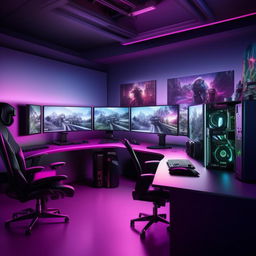 A modern office space transformed into a dynamic gaming room, complete with a large desk, ergonomic chair, high-end gaming PC with multiple monitors, ambient lighting, gaming posters on the walls, and organized cable management