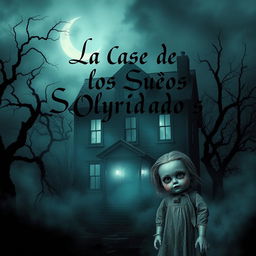 A spooky poster featuring an eerie haunted house surrounded by a foggy atmosphere, with dark twisted trees and a crescent moon illuminating the scene