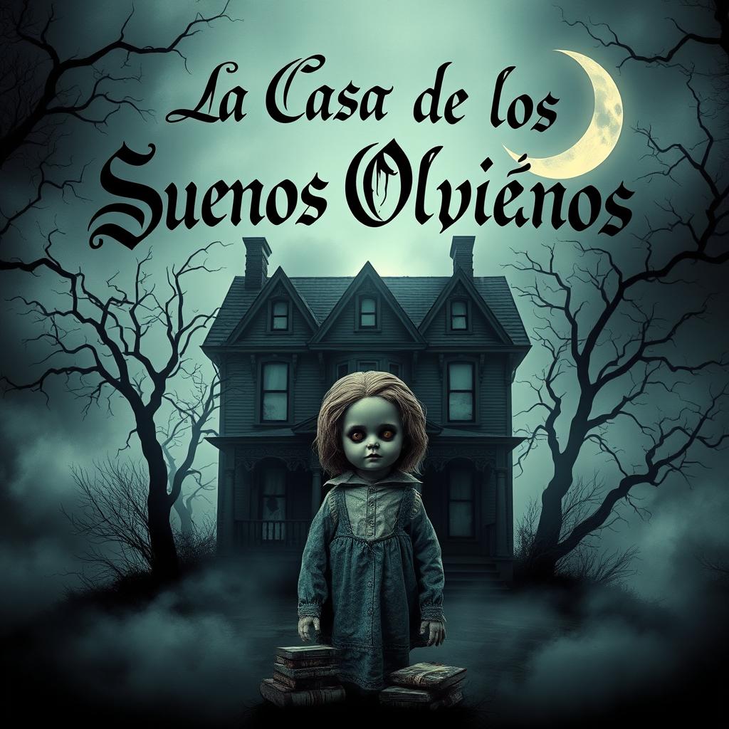 A spooky poster featuring an eerie haunted house surrounded by a foggy atmosphere, with dark twisted trees and a crescent moon illuminating the scene