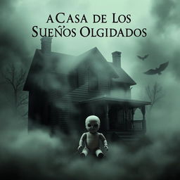 A haunting poster featuring a spooky house shrouded in mist, with a faceless doll placed ominously in the foreground